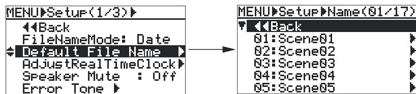 FOSTEX FR2 - 2) Sélectionnez "default scene name" avec la molette [MENU], puis appuyez sur [ENTER]. - 1