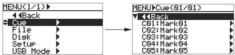 FOSTEX FR2 - 1) Avec la molette [MENU], sélectionnez "cue" puis appuyez sur [ENTER]. - 1