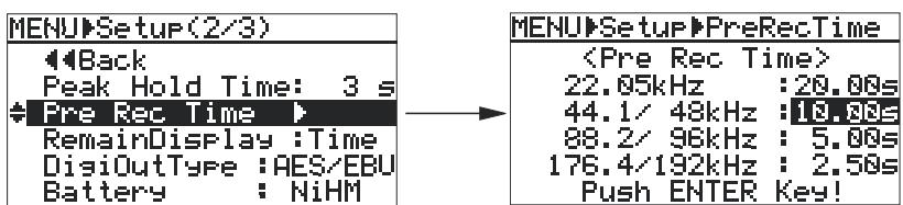 FOSTEX FR2 - 2) Sélectionnez "pre rec time" dans la deuxième page avec la molette [MENU], puis appuyez sur [ENTER]. - 1