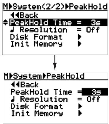 FOSTEX MR-8 HD CD - 3) Tournez la molette [MENU/ENTER] pour selectionner "PeakHold Time> (dans la seconde page du menu), puis appuyez sur la molette [MENU/ENTER]. - 1