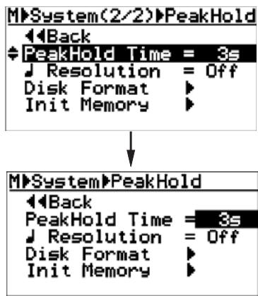 FOSTEX MR-8 HDCD - 3) Tournez la molette [menu/enter] pour sélectionner "peakheld time>" (dans la seconde page du MENU), puis appuyez sur la molette [menu/enter]. - 1