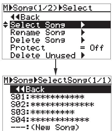 FOSTEX MR-8 MK2 - 3) Sélectionnez "Select Song >" avec la molette de JOG, puis validez par [MENU/ENTER]. - 1