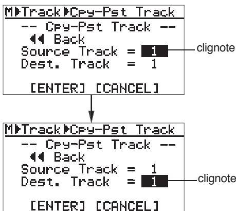 FOSTEX MR-8 MK2 - 4) Sélectionnez "Copy-Paste Trk > " avec la molette de JOG, puis validez par [MENU/ENTER]. L'écran affiche alors la page de selection des pistes source et destination de l'opération de Copier/Coller. - 3