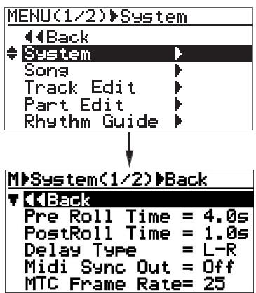 FOSTEX MR-8 MK2 - 2) Sélectionnez "System" avec la molette de JOG, puis validez par [MENU/ENTER]. - 1