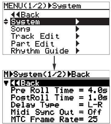 FOSTEX MR-8 MK2 - 2) Sélectionnez "System" avec la molette de JOG, puis validez par MENU/ENTER]. - 1