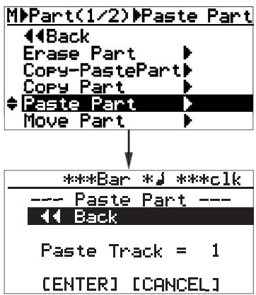 FOSTEX MR-8 MK2 - 1) Sélectionnez "Paste Part > " avec la molette de JOG, puis validez par [MENU/ENTER]. - 1