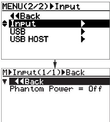 FOSTEX MR-8 MK2 - 2) Sélectionnez "Input" (en seconde page) avec la molette de JOG, puis validez par [MENU/ENTER]. - 1