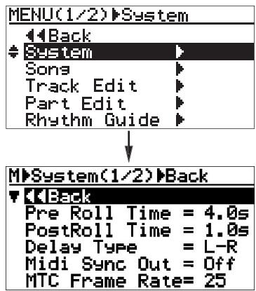 FOSTEX MR-8 MK2 - 2) Sélectionnez "System" avec la molette de JOG, puis validez par [MENU/ENTER]. - 1