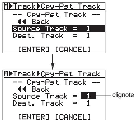 FOSTEX MR-8 MK2 - 4) Sélectionnez "Copy-Paste Trk > " avec la molette de JOG, puis validez par [MENU/ENTER]. L'écran affiche alors la page de selection des pistes source et destination de l'opération de Copier/Coller. - 2
