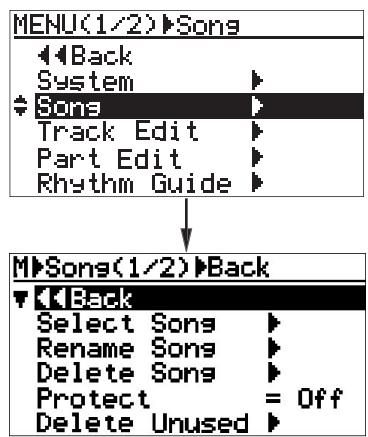 FOSTEX MR-8 MK2 - 2) Sélectionnez "Song >" avec la molette JOG, puis validez par [MENU/ENTER]. - 1
