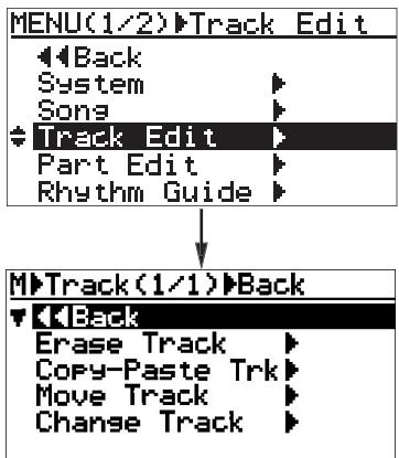 FOSTEX MR-8 MK2 - 3) Sélectionnez "Track Edit > " avec la molette de JOG, puis validez par [MENU/ENTER]. - 1