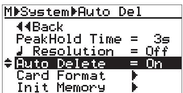 FOSTEX MR-8 MK2 - 3) Sélectionnez "Auto Delete" (seconde page), puis validez par [MENU/ENTER]. - 1