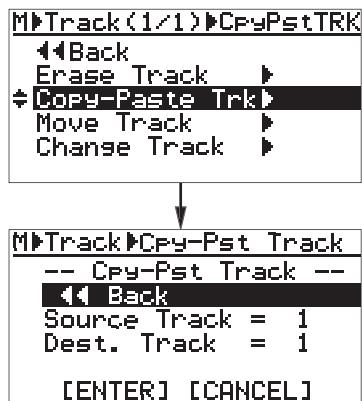 FOSTEX MR-8 MK2 - 4) Sélectionnez "Copy-Paste Trk > " avec la molette de JOG, puis validez par [MENU/ENTER]. L'écran affiche alors la page de selection des pistes source et destination de l'opération de Copier/Coller. - 1
