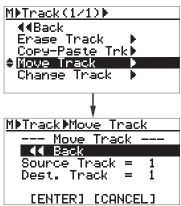 FOSTEX MR-8 MK2 - 4) Sélectionnez "Move Trk > " avec la molette de JOG, puis validez par [MENU/ENTER]. - 1
