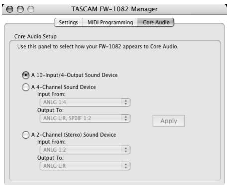 TASCAM FW-1082 - Onglet « CoreAudio » (Mac OS X uniquement) - 1