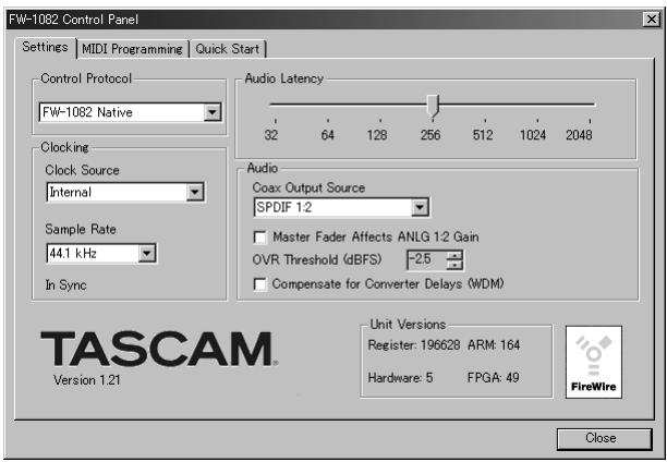 TASCAM FW-1082 - Onglet « Settings » (paramétrages) - 1