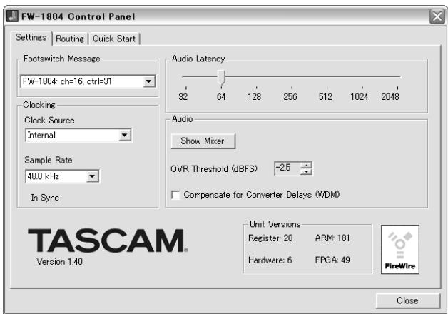 TASCAM FW-1804 - Onglet Settings (Réglages) - 1