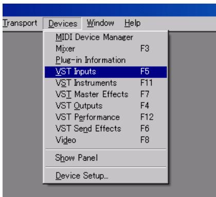 Transport Devices Window Help MIDI Device Manager Mixer F3 Plug-in Information VST Inputs F5 VST Instruments F11 VSI Master Effects F7 VST Outputs F4 VST Performance F12 VST Send Effects F6 Video F8 Show Panel Device Setup...