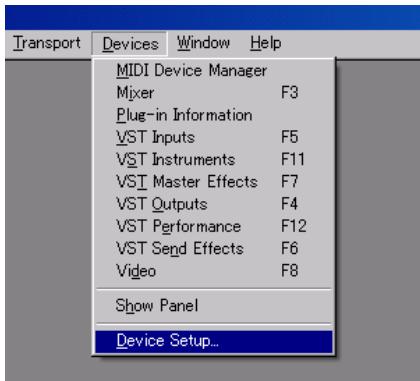 Transport Devices Window Help MIDI Device Manager Mixer F3 Plug-in Information VST Inputs F5 VST Instruments F11 VST Master Effects F7 VST Outputs F4 VST Performance F12 VST Send Effects F6 Video F8 Show Panel Device Setup...