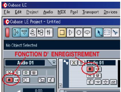 Cubase LE File Edit Project Audio MIDI Pool Transport Devices Cubase LE Project - Untitled No Object Selected FONCTION D' ENREGISTREMENT Audio 01 Audio 01
