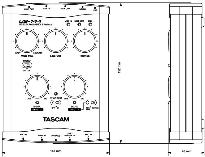 LINE OUT MIDI IN MIDI OUT DIGITAL USB US-144 USB2.0 Audio/MIDI Interface MIDI IN MIDI OUT USB INPUT COMPUTER MON MIX LINE OUT PHONES MONO OFF ON LINE MIC PHANTOM LINE S/O/OL OFF ON S/O/OL MIC OUTAR INOUT IN OUT IN IN TASCAM MIC IN LINE IN PHONES LINE/ OUTAB IN R MIC IN 147 mm 192 mm 48 mm