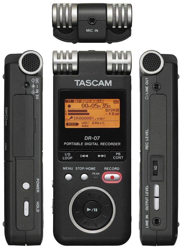 MIC IN DC IN 5V POWER HOLD TASCAM DR-07 PORTABLE DIGITAL RECORDER I/O LOOP PB CONT MENU STOP/HOME RECORD PEAK LINE IN OUTPUT LEVEL Ω/LINE OUT