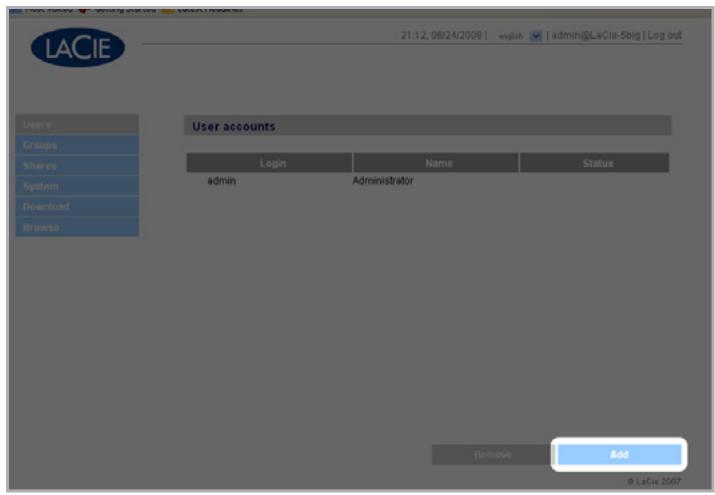 LACIE 5BIG NETWORK - Pour ajouter un compte d'utilisateur : - 1