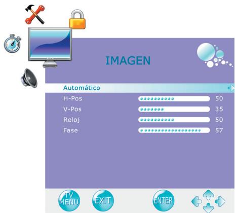 IMAGEN Automático H-Pos 50 V-Pos 35 Reloj 50 Fase 57 TV MENU EXIT ENTER