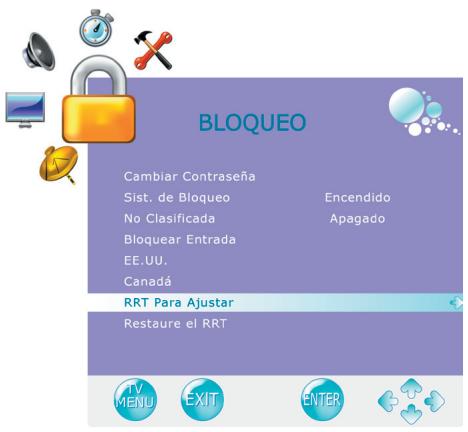 BLOQUEO Cambiar Contraseña Sist. de Bloqueo No Clasificada Bloquear Entrada EE.UU. Canadá RRT Para Ajustar Restaure el RRT TV MENU EXIT ENTER