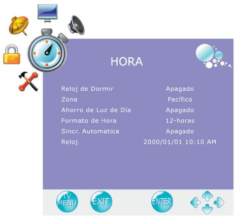 HORA Reloj de Dormir Apagado Zona Pacifico Ahorro de Luz de Día Apagado Formato de Hora 12-horas Sincr. Automatica Apagado Reloj 2000/01/01 10:10 AM TV MENU EXIT ENTER