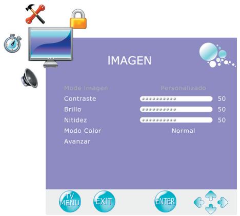 IMAGEN Mode Imagen Contraste 50 Brillo 50 Nitidez 50 Modo Color Normal Avanzar Personalizado TV MENU EXIT ENTER