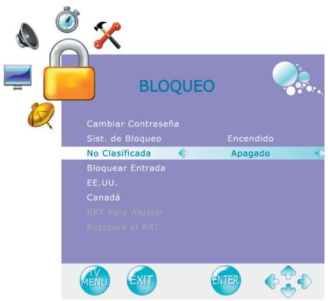 BLOQUEO Cambiar Contraseña Sist. de Bloqueo Encendido No Clasificada Apagado Bloquear Entrada EE.UU. Canadá RRT Para Ajustar Restaure el RRT TV MENU EXIT ENTER