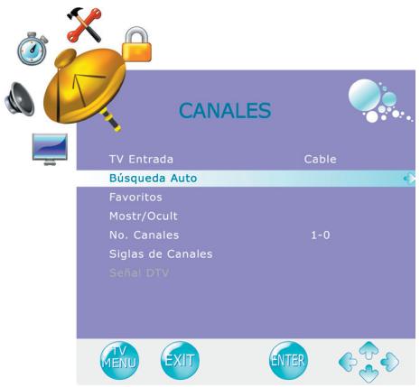 CANALES TV Entrada Cable Búsqueda Auto Favoritos Mostr/Ocult 1-0 No. Canales Siglas de Canales Señal DTV TV MENU EXIT ENTER