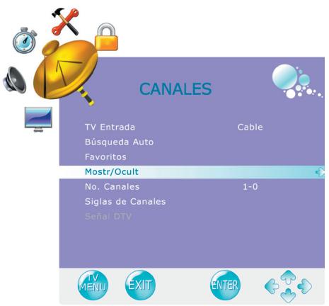 CANALES TV Entrada Cable Búsqueda Auto Favoritos Mostr/Ocult No. Canales 1-0 Siglas de Canales Señal DTV TV MENU EXIT ENTER