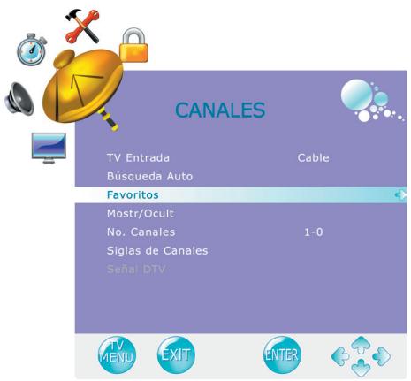 CANALES TV Entrada Cable Búsqueda Auto Favoritos Mostr/Ocult 1-0 No. Canales Siglas de Canales Señal DTV TV MENU EXIT ENTER