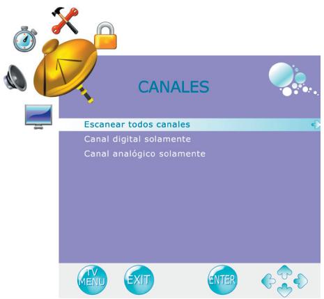 CANALES Escanear todos canales Canal digital solamente Canal analógico solamente TV MENU EXIT ENTER