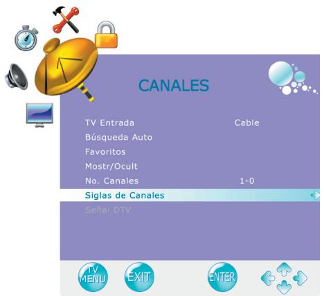 CANALES TV Entrada Cable Búsqueda Auto Favoritos Mostr/Ocult 1-0 No. Canales Siglas de Canales Señal DTV TV MENU EXIT ENTER