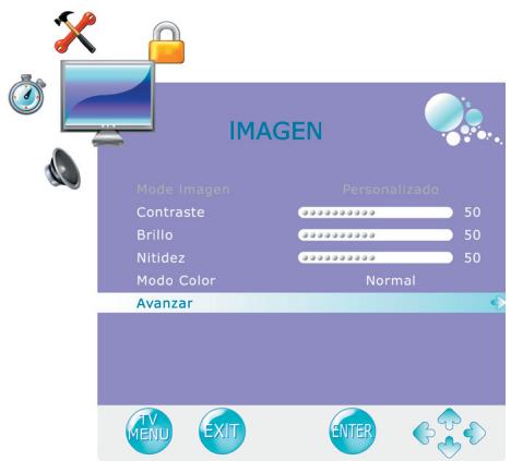 IMAGEN Mode Imagen Personalizado Contraste 50 Brillo 50 Nitidez 50 Modo Color Normal Avanzar TV MENU EXIT ENTER