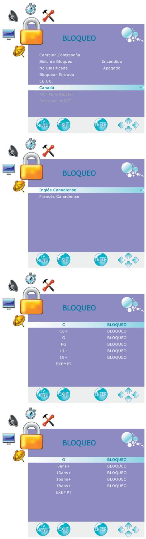 BLOQUEO Cambiar Contraseña Sist. de Bloqueo No Clasificada Bloquear Entrada EE.UU. Encendido Apagado Canadá RRT Para Ajustar Restaure el RRT TV MENU EXIT ENTER BLOQUEO Inglés Canadiense Francés Canadiense TV MENU EXIT ENTER BLOQUEO C BLOQUEO C8+ BLOQUEO G BLOQUEO PG BLOQUEO 14+ BLOQUEO 18+ BLOQUEO EXEMPT TV MENU EXIT ENTER BLOQUEO G BLOQUEO 8ans+ BLOQUEO 13ans+ BLOQUEO 16ans+ BLOQUEO 18ans+ BLOQUEO EXEMPT TV MENU EXIT ENTER