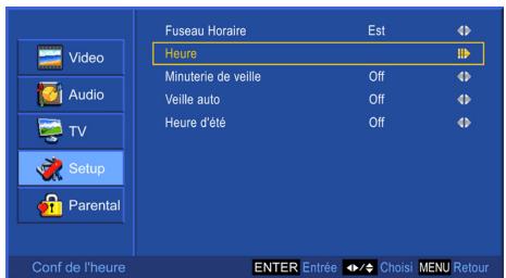Fuseau Horaire Est Heure Minuterie de veille Off Veille auto Off Heure d'été Off Setup Parental Conf de l'heure ENTER Entrée Choisi MENU Retour