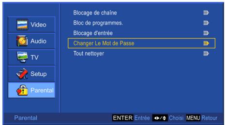 Blocage de chaîne Bloc de programmes. Blocage d'entrée Changer Le Mot de Passe Tout nettoyer Video Audio TV Setup Parental Parental ENTER Entrée Choisi MENU Retour