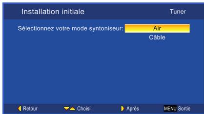 Installation initiale Tuner Sélectionnez votre mode syntoniseur: Air Câble Retour Choisi Après MENU Sortie