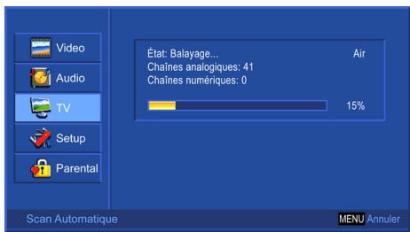 Video Audio TV Setup Parental État: Balayage... Air Chânes analogiques: 41 Chânes numériques: 0 15% Scan Automatique MENU Annuler