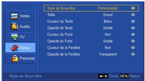 Style de Sous-titre Taille Couleur du Texte Opacité de Texte Couleur du Fond Opacité du Fond Couleur de la Fenêtre Opacité de la Fenêtre Personalisé Grand Blanc Solide Noir Solide Noir Transparent ChoiSi MENU Retour