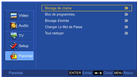 Blocage de chaîne Bloc de programmes. Blocage d'entrée Changer Le Mot de Passe Tout nettoyer Parental ENTER Entrée → Choisi MENU Retour