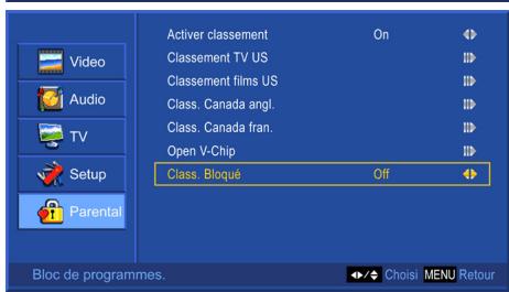 Video Audio TV Setup Parental Activer classement On Classement TV US Classement films US Class. Canada angl. Class. Canada fran. Open V-Chip Class. Bloqué Off Bloc de programmes. Choisi MENU Retour