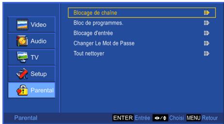 Blocage de chaîne Bloc de programmes. Blocage d'entrée Changer Le Mot de Passe Tout nettoyer Parental Video Audio TV Setup Parental ENTER Entrée Choisé MENU Retour