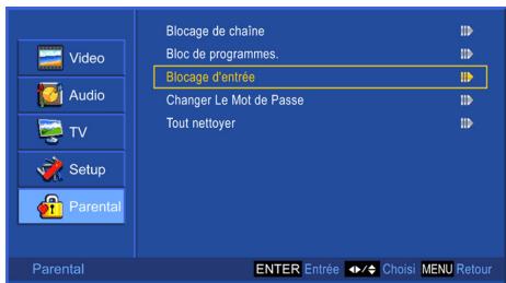 Blocage de chaîne Bloc de programmes. Blocage d'entrée Changer Le Mot de Passe Tout nettoyer Parental ENTER Entrée Choisui MENU Retour