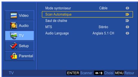 Mode syntoniseur Câble Scan Automatique Saut de chaîne MTS Steréo Audio Language Anglais 5.1 CH Video Audio TV Setup Parental TV ENTER Scanner Choisi MENU Retour