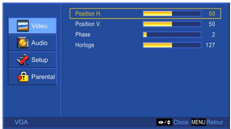 Position H. 50 Position V. 50 Phase 2 Horloge 127 VGA Choi Si MENU Retour